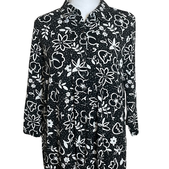 J. Jill Shirt Dress Small Black Floral Print Button Front Stretch Cotton Knit - Picture 2 of 10